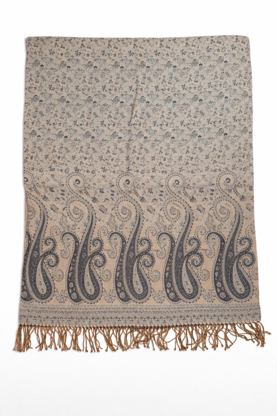 Boho Chic Vintage Paisley Scarf – Neutral Tan & Charcoal Pashmina Wrap – Large